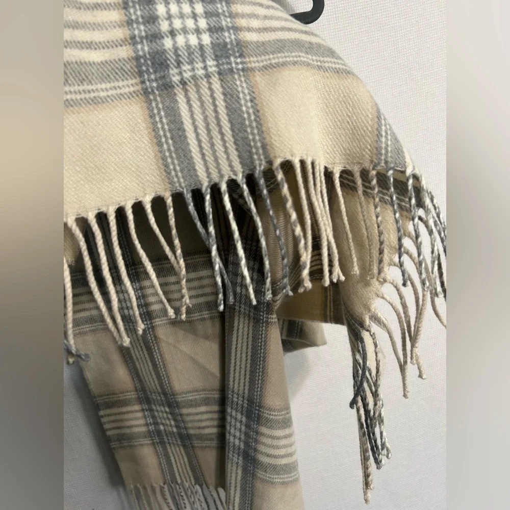 J. Crew mercantile beige grey & white plaid scarf